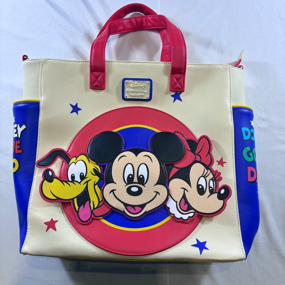 Disney Loungefly Mickey and Friends Sensational Six Tote Backpack Cream Blue Red